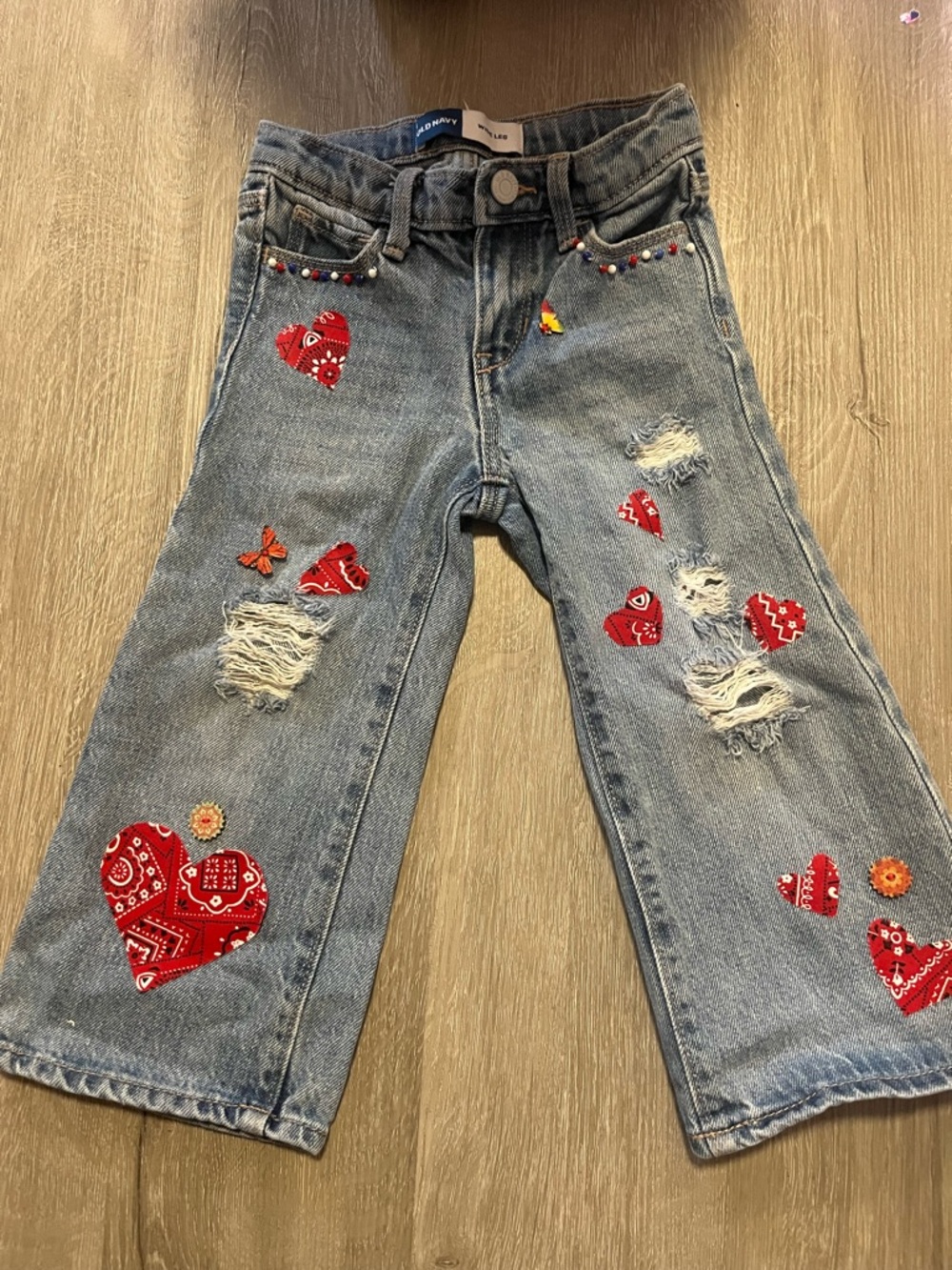 Old Navy Light Blue Kids Jeans with Red Bandana Heart Patches